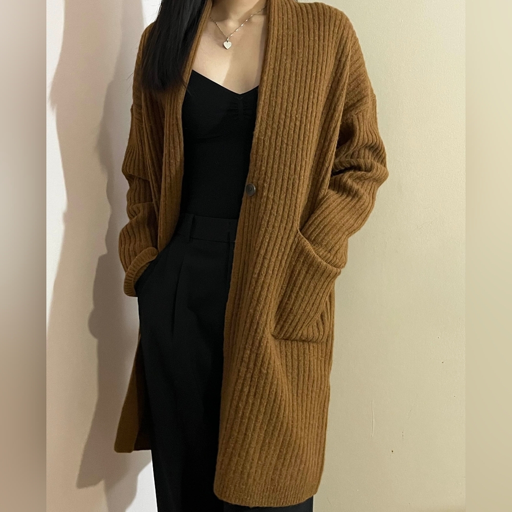 Uniqlo Brown 100% Wool Ribbed Long Cardigan/Coat Sweater - Size S